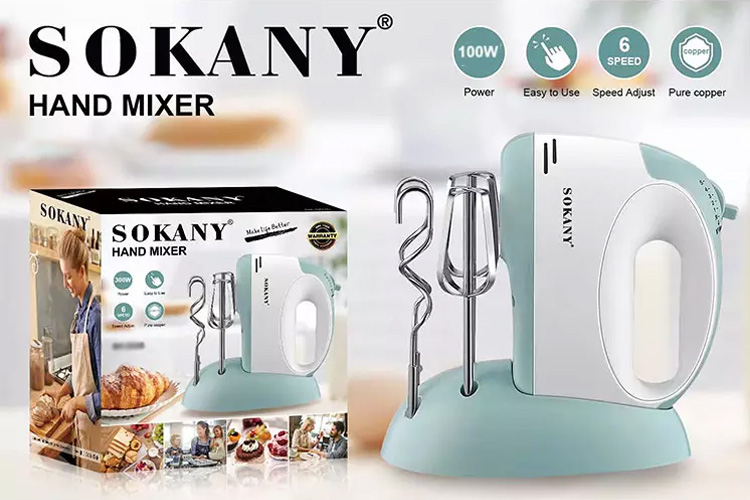 Sokany® Μίξερ Χειρός 100W με 6 Ταχύτητες - 2 Εξαρτήματα & Βάση Τοποθέτησης